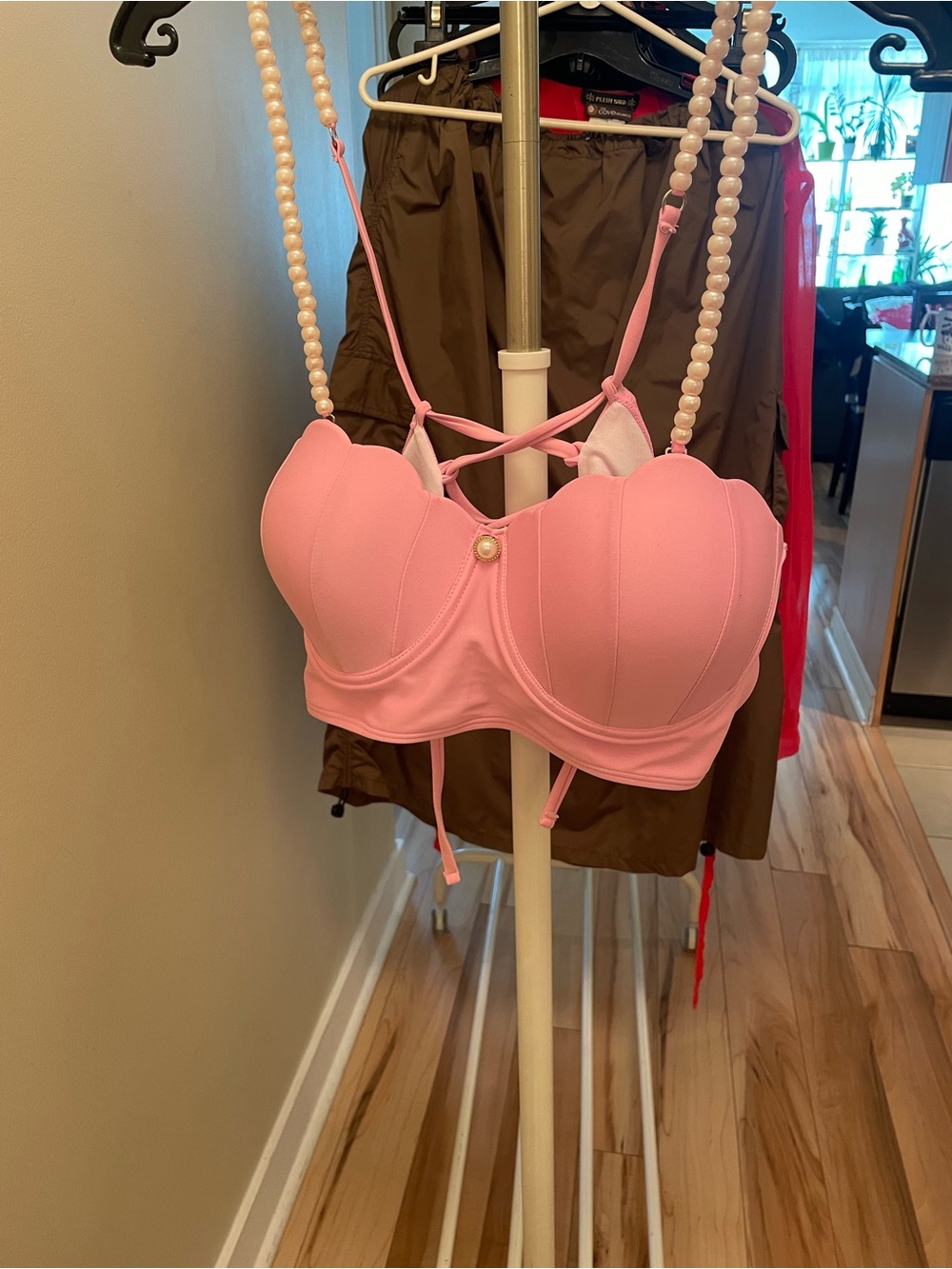 Cotton candy pink bralette with adjustable pearl straps corset tie back.